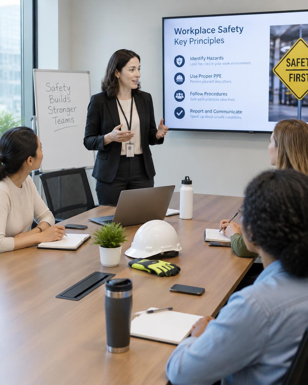 Instructor leading a safety workshop for women in an office meeting room