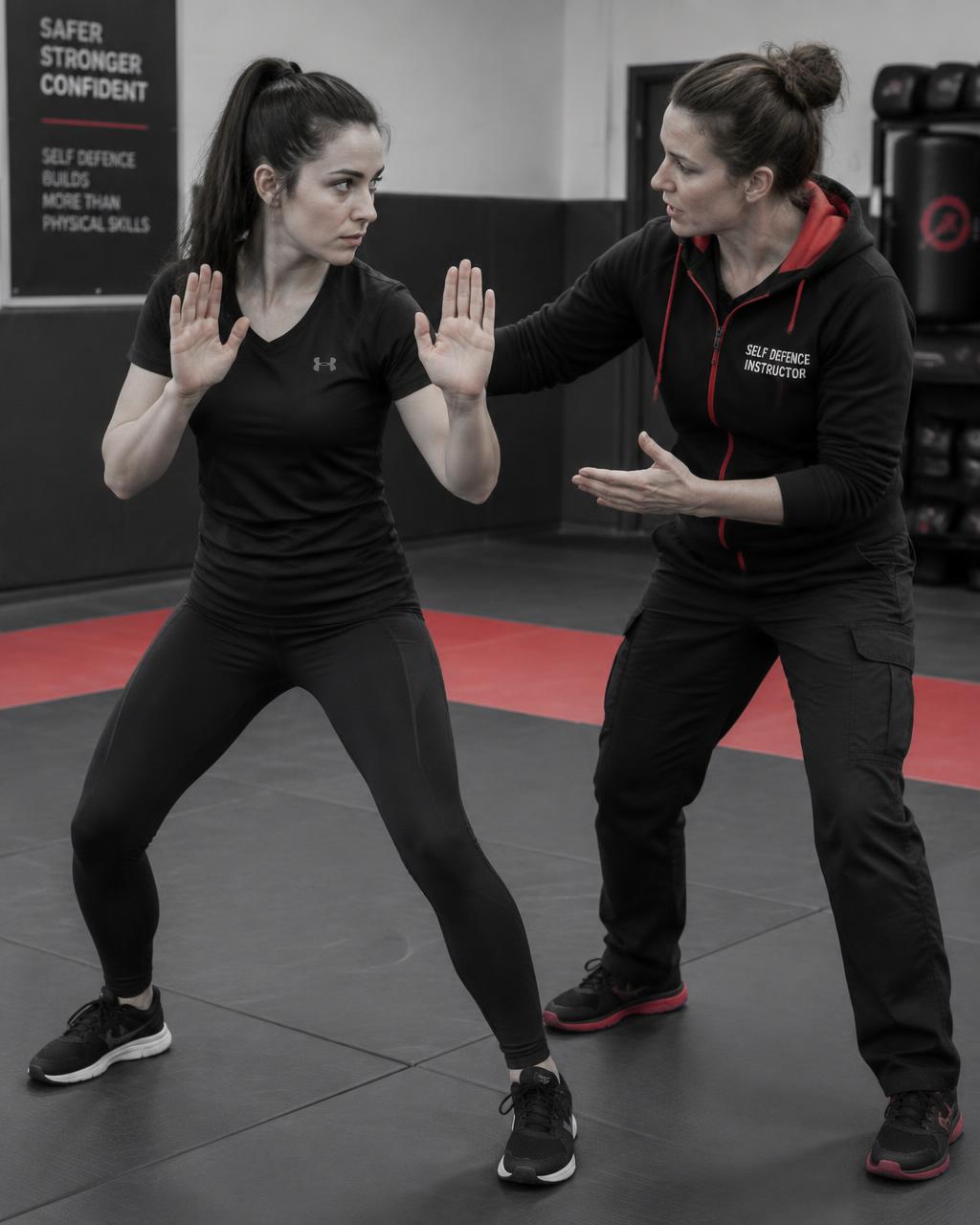 Instructor guiding a woman through a defensive stance during scenario drilling